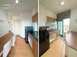 Modern kitchen with wooden cupboards and dining area