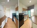 Modern kitchen with wooden cupboards and dining area