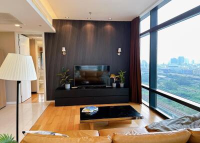 Modern living room with a large window view