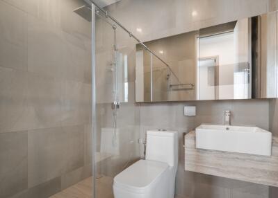 Modern bathroom with glass shower and large mirror