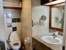 Bathroom with a toilet, sink, mirror, and tiled backsplash