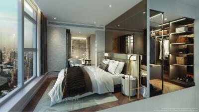 Spacious bedroom with floor-to-ceiling windows and city view