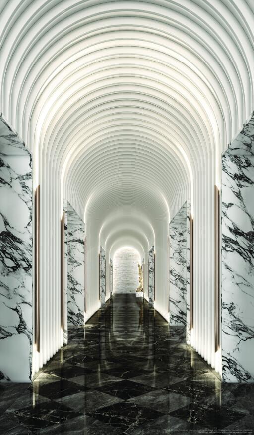 Modern corridor with marble walls and arches