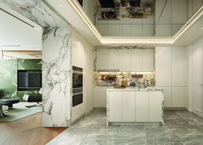 Modern kitchen with marble countertops and floor, and adjacent living area.