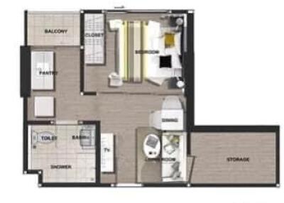 Floor plan of a Type AA apartment with a bedroom, bathroom, toilet, pantry, closet, balcony, and storage