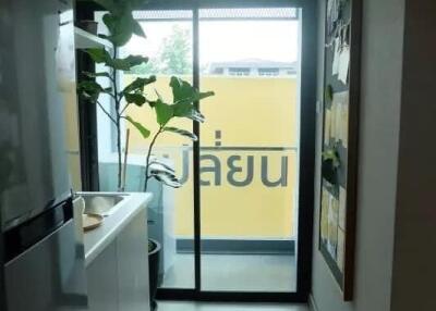 A corridor with a cabinet, large plant, and large glass sliding doors leading to a balcony.