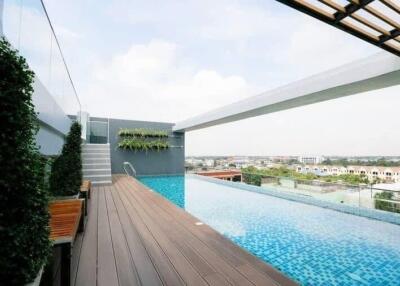 Rooftop pool with decking and surrounding city view