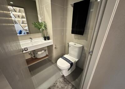 Modern bathroom with a sink, toilet, and decor