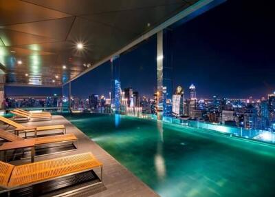 Rooftop pool with city skyline view at night