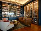 Luxurious living space with built-in bar and wine storage