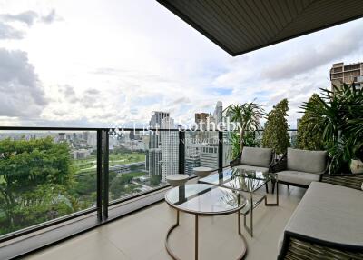 Spacious balcony with city skyline view