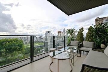 Spacious balcony with city skyline view