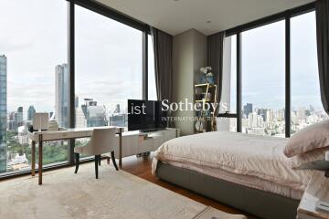 Modern bedroom with city skyline view