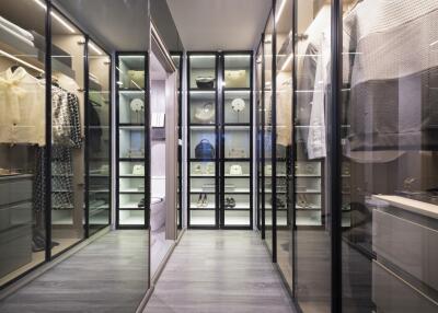 Spacious walk-in closet with glass doors and lighting