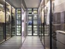 Spacious walk-in closet with glass doors and lighting