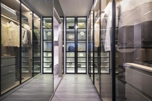 Spacious walk-in closet with glass doors and lighting