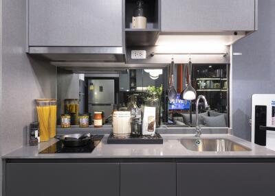 Modern kitchen with grey cabinets and countertop, sink, and stove