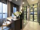 Modern bedroom with vanity and walk-in closet