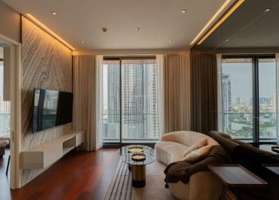 Modern living room with large windows and city view