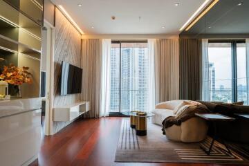 Modern living room with large windows and city view