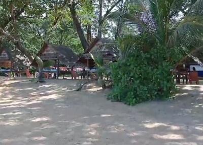 Beachfront property with huts and lush greenery