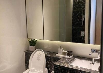 Modern bathroom with black marble countertops and a large mirror