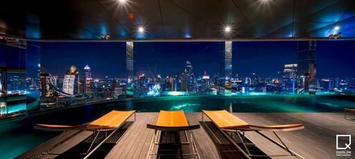 Rooftop swimming pool with city view at night