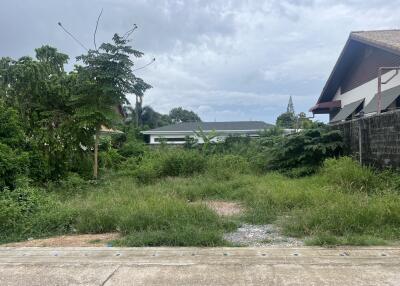 Vacant lot with greenery and houses in the background