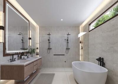 Modern bathroom with dual showers, freestanding bathtub, and large vanity mirror