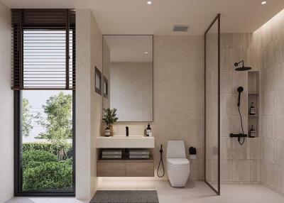 Modern bathroom with large window, shower, and vanity