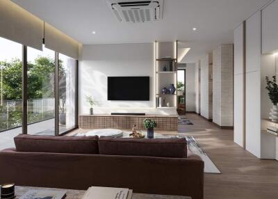 Modern living room with large windows and a balcony view