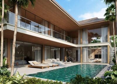 Modern luxury villa with swimming pool and outdoor lounging area