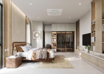 Modern bedroom with built-in closet and wall-mounted TV