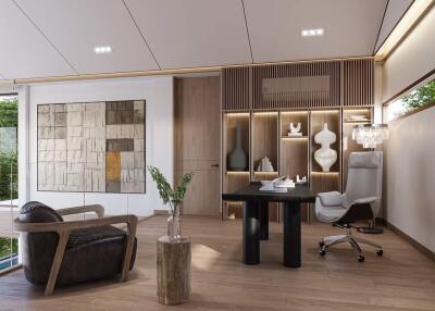 Modern living room with office area