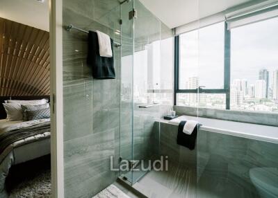 Modern bathroom with a walk-in shower and bathtub featuring a city view