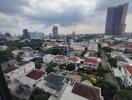 Aerial view of a residential neighborhood with various buildings, greenery, and distant cityscape