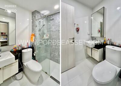 Modern bathroom with walk-in shower and vanity unit