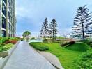 Outdoor garden area with greenery and path