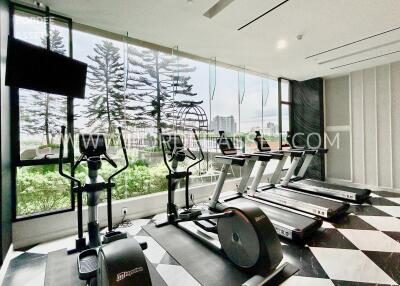 Bright and modern gym with exercise equipment and large windows