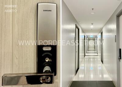 Apartment building hallway with electronic door lock