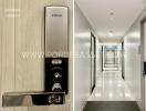 Apartment building hallway with electronic door lock