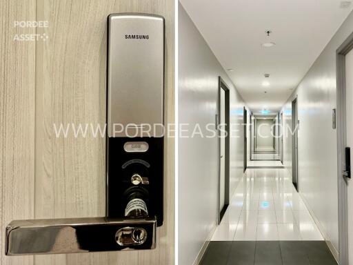 Apartment building hallway with electronic door lock