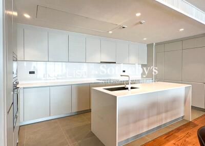 Modern kitchen with white cabinets and large island