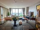 Modern living room with open space design and city view