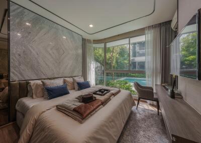 Modern bedroom with large windows and a view of a pool.