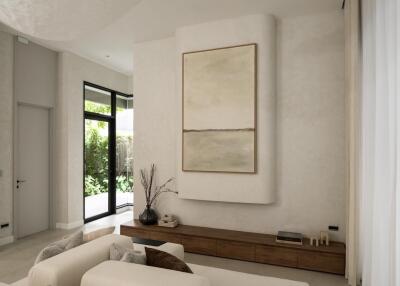 Modern living room with large painting, comfortable seating, and natural light