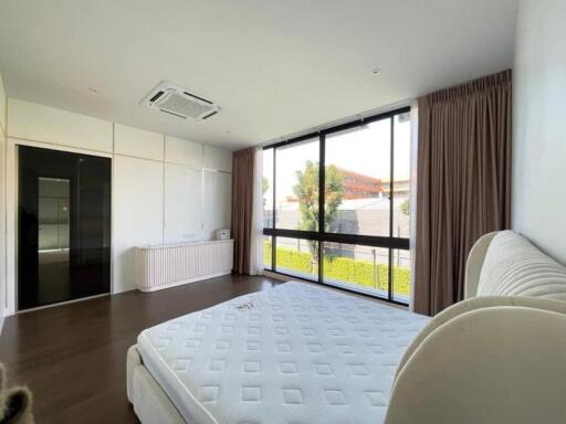 Spacious bedroom with large windows, a double bed, and hardwood floors.