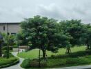 View of landscaped garden area with trees and pathways