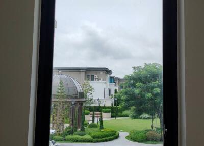 View of an outdoor garden and neighboring building from a window