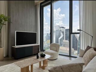 Modern living room with a city view